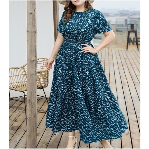 BellanBlue Dresses & Skirts - Boho Plus Size Floral Print Teal Blue Ruffle maxi Dress